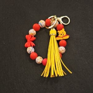 Red and Yellow Beaded Keychain with Tassel